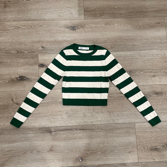 ZARA women’s green and white long sleeve crop top - Picture 1 of 5